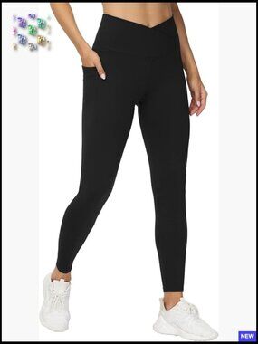 V Cross Waist Workout Leggings Tummy Control Running Yoga Pants with Pockets